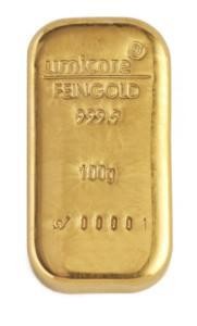Gold bar 100g Umicore, casted