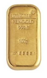 Gold bar 100g Umicore, casted